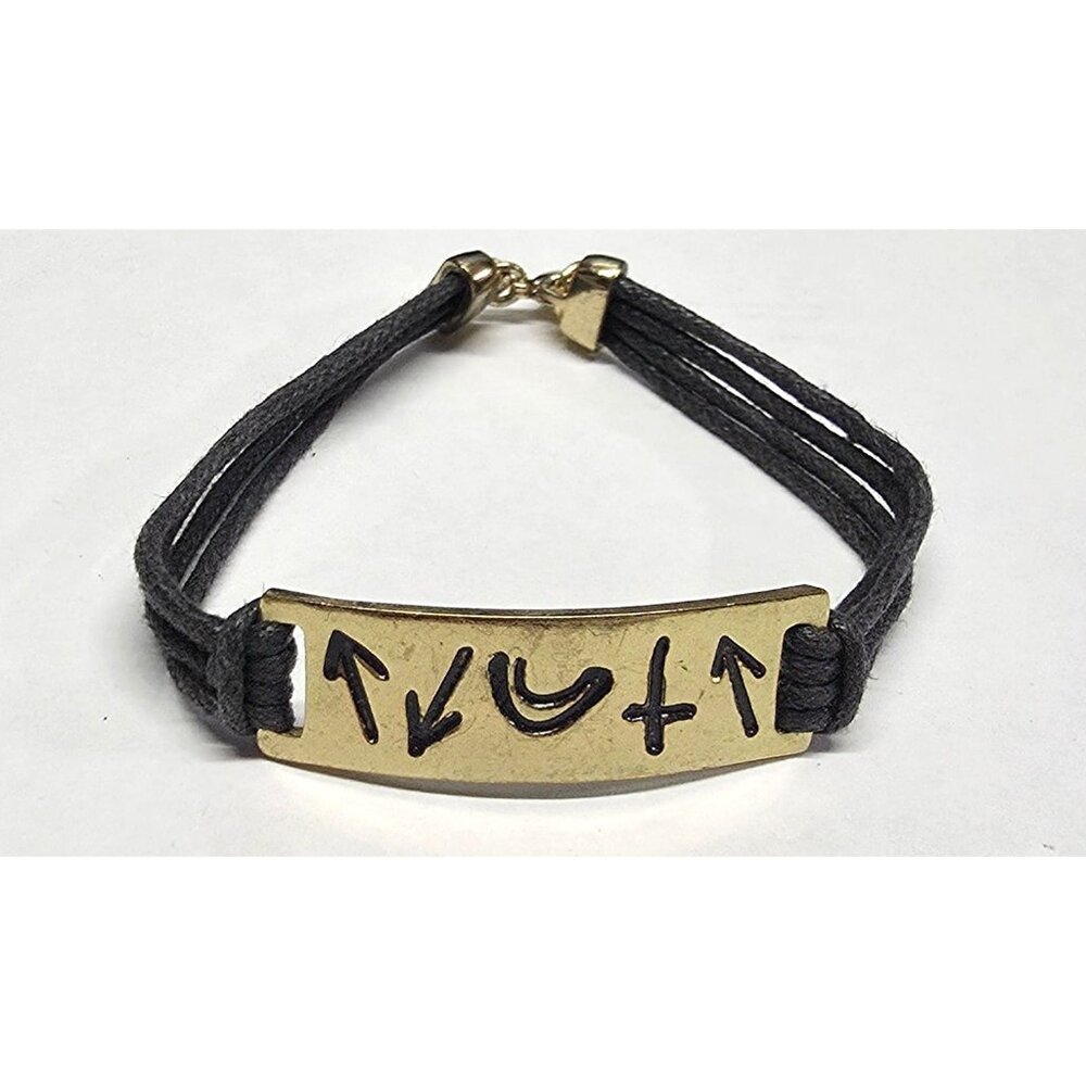 Vtg Black Cord Goldtone Bracelet Engraved Enamel Plate Paleo Hebrew‎ Name of God